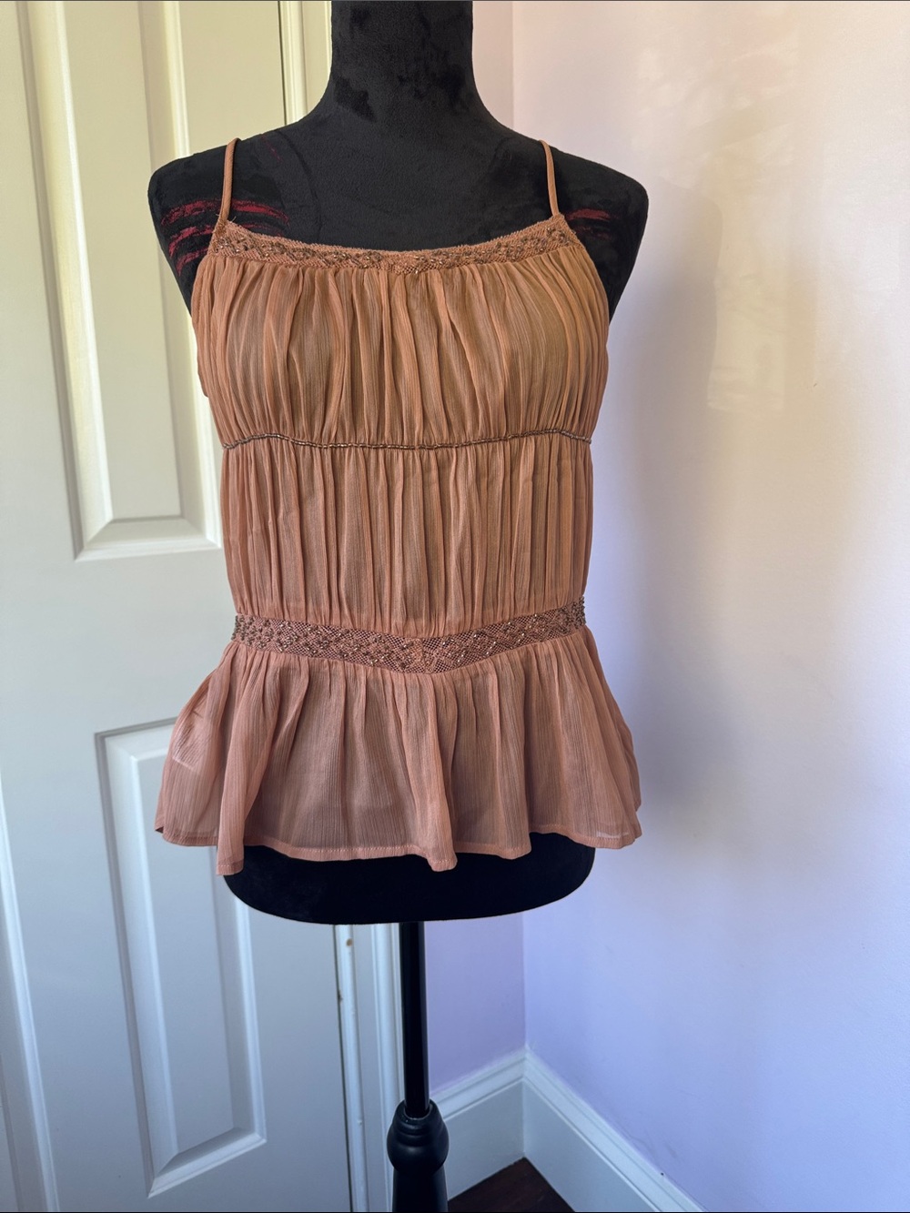 Divided Tan/Dusty Rose Spaghetti Strap Beaded Camisole